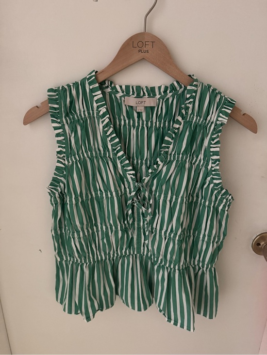 LOFT Tops - LOFT Green & White Striped Ruffle Tie-Front Peplum Camisole